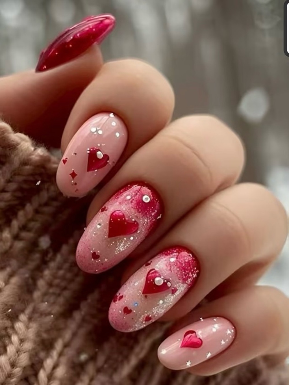 Medium Almond Press-On Nails Set Pink & Red with Hearts and Texture Details